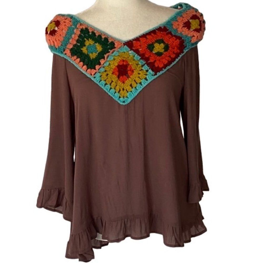 Judith March Boho Pheasant Crochet Top Shirt SZ S